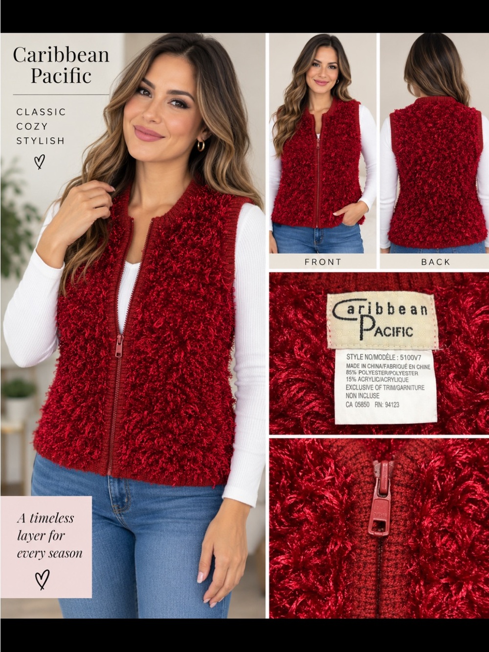 Red Fuzzy Zip Vest